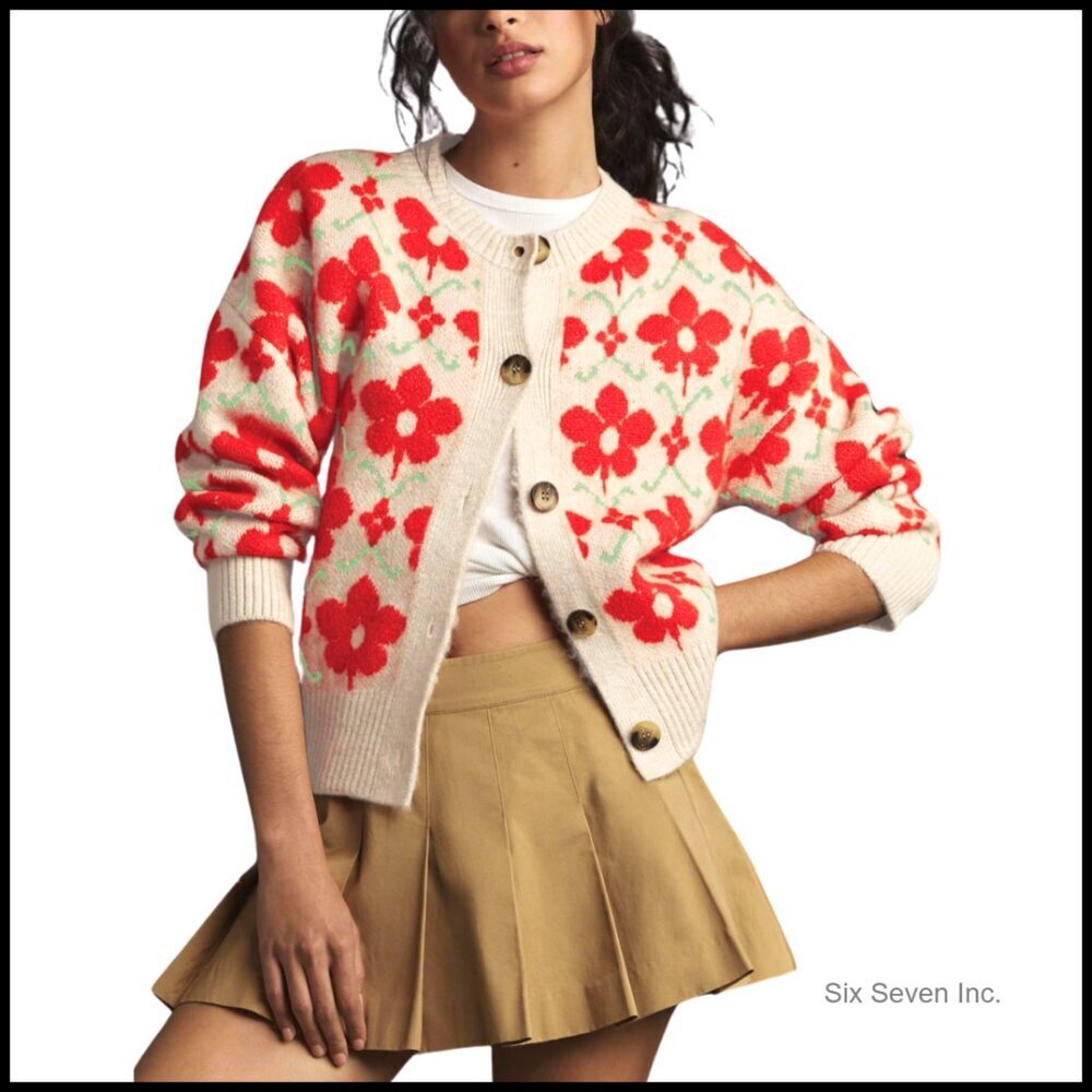 Floral Cardigan Sweater Open Front Long Sleeve Vintage Knit Outerwear Chic